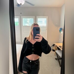 Black oversized cropped button down cardigan